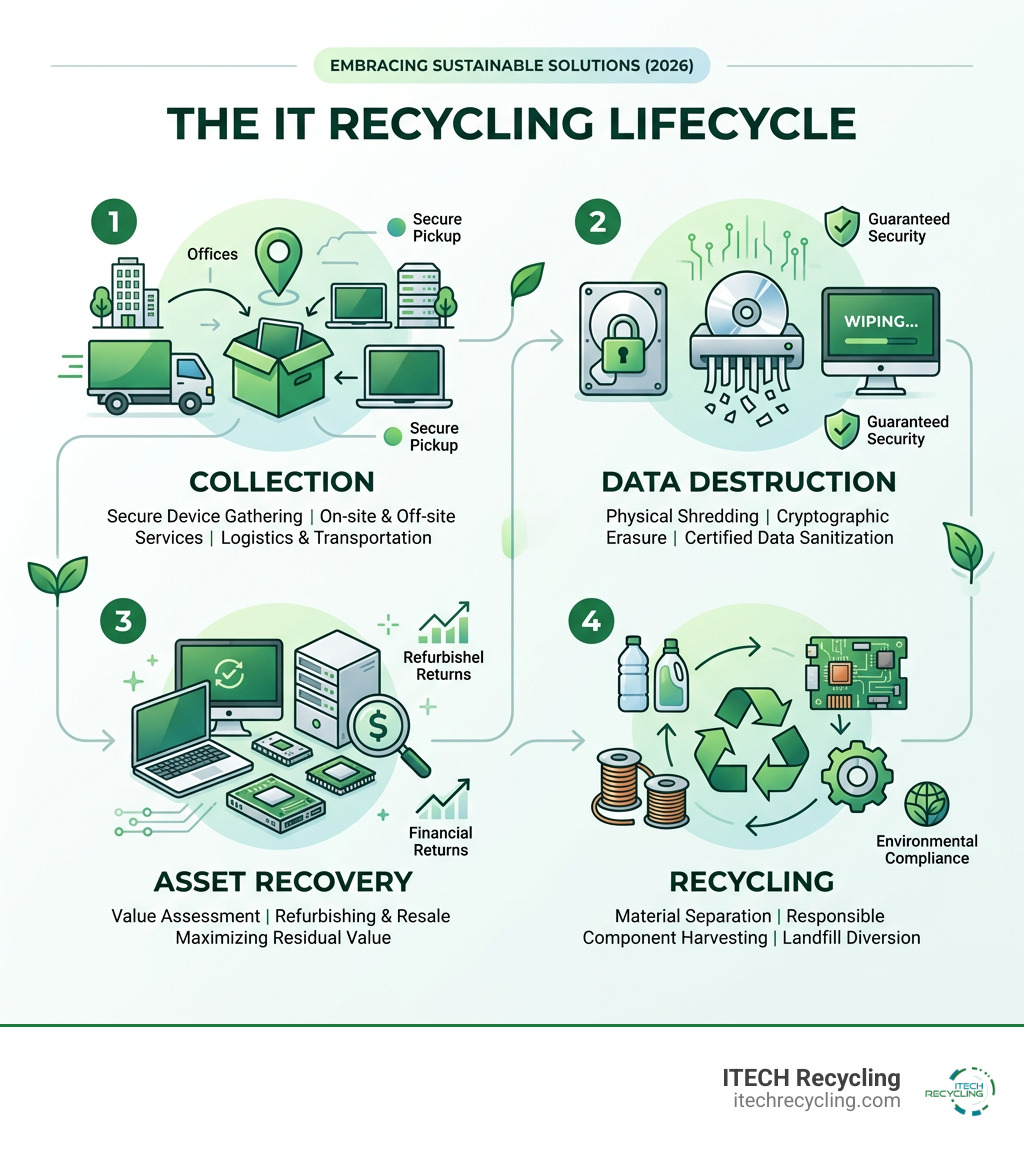 IT recycling lifecycle infographic showing collection, data destruction, asset recovery, and recycling stages - it recycling