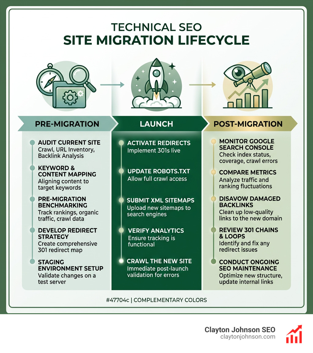 Site migration lifecycle infographic showing pre-migration, launch, and post-migration phases with key tasks - technical seo