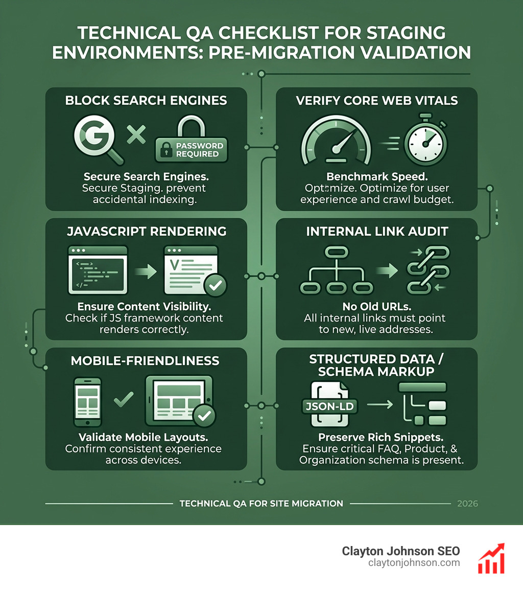 Infographic showing the technical QA checklist for staging environments - technical seo site migration infographic 