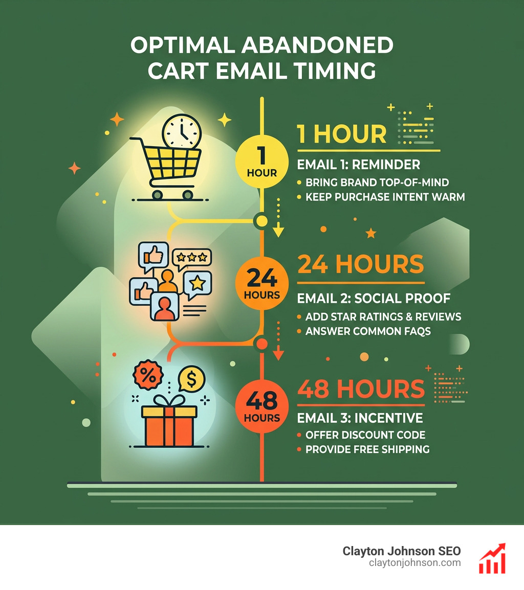 Infographic showing optimal email timing: 1 hour for reminder, 24 hours for social proof, 48 hours for incentive - abandoned