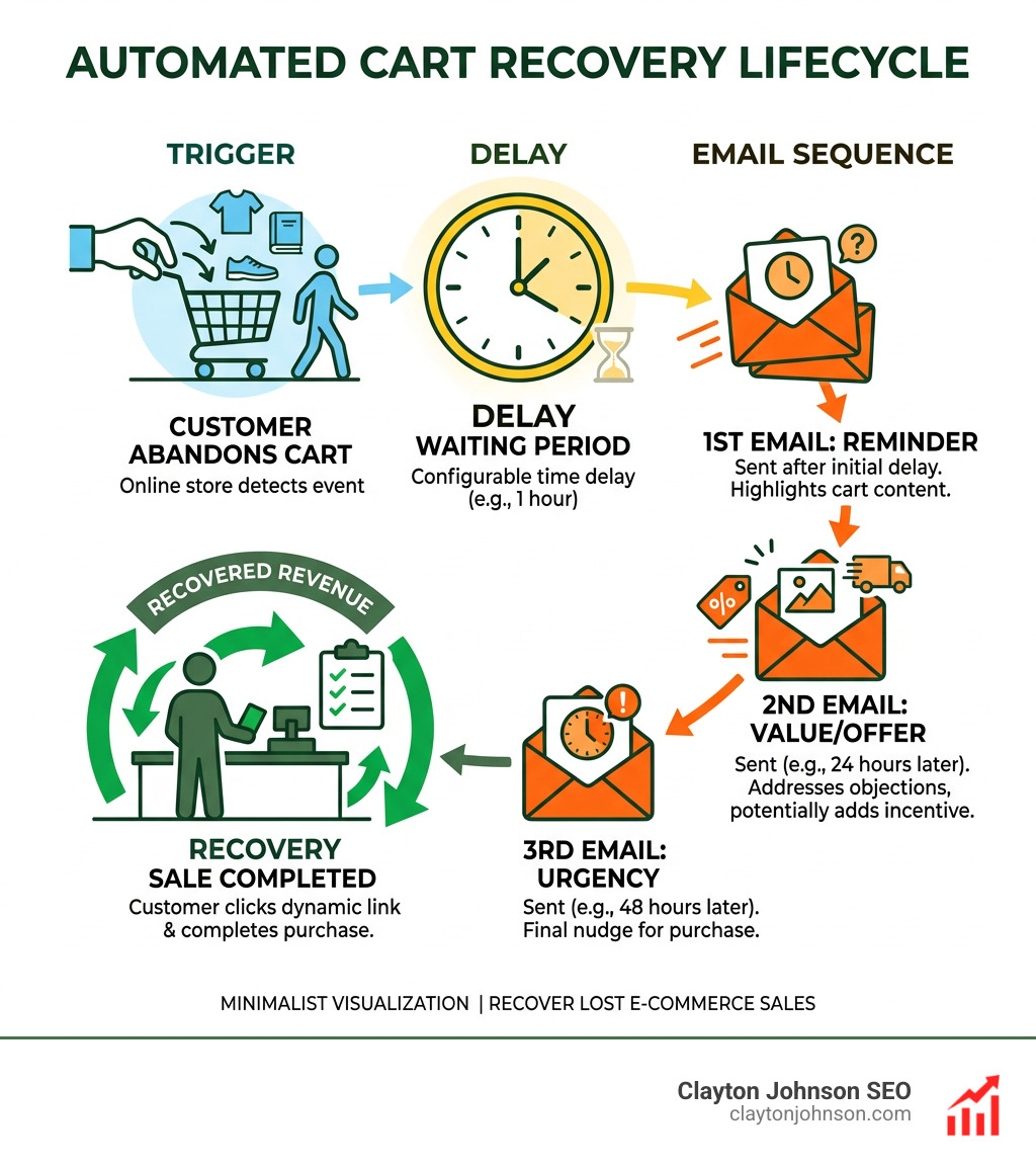 Automated cart recovery lifecycle infographic showing trigger, delay, email sequence, and recovery stages - abandoned cart