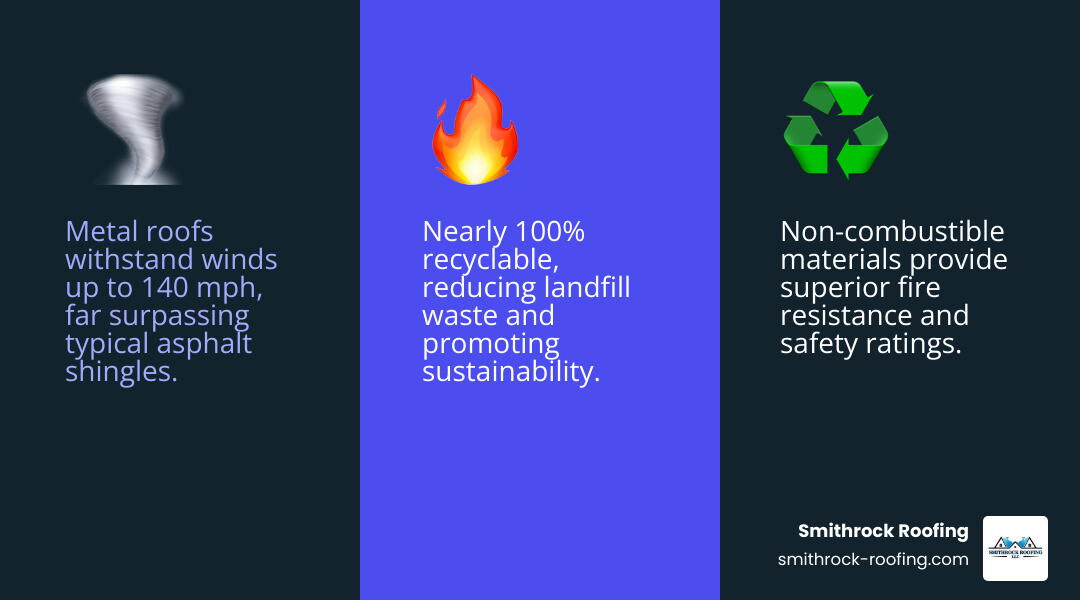 Infographic showing metal roofing system benefits: lifespan, wind rating, energy savings, fire resistance, and recyclability Infographic showing metal roofing system benefits: lifespan, wind rating, energy savings, fire resistance, and recyclability