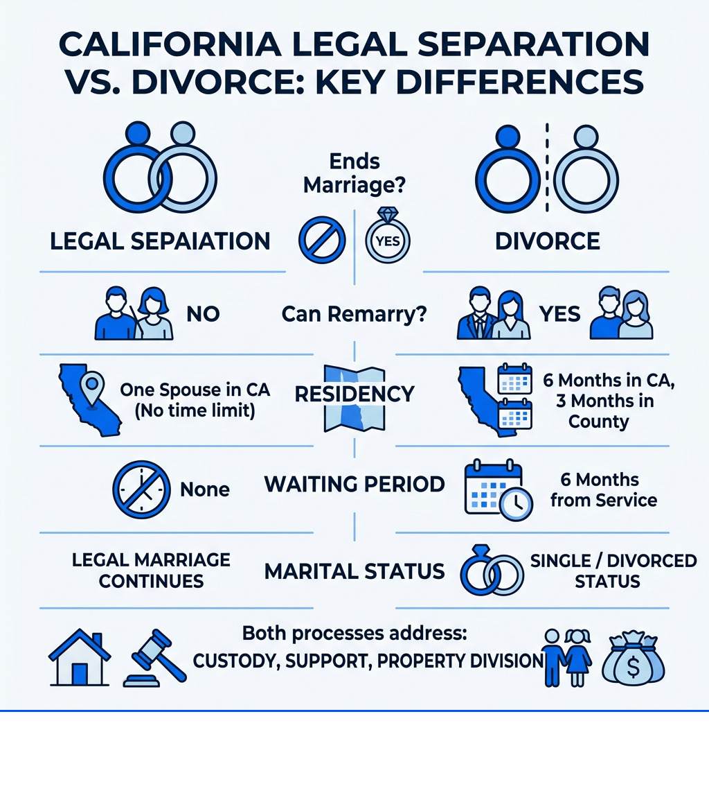 California legal separation vs divorce comparison infographic showing key differences in residency, waiting period, and