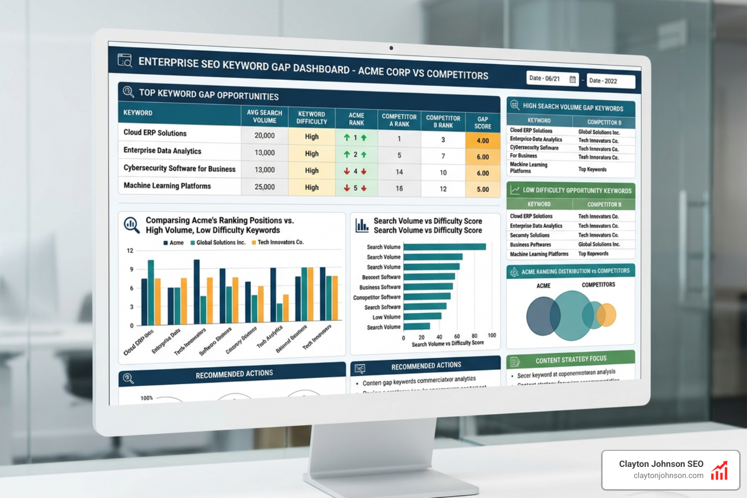 SEO dashboard showing keyword gap metrics - competitor gap analysis tools