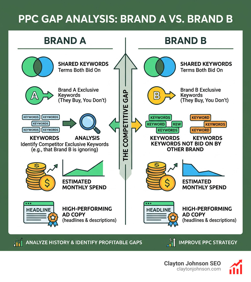 infographic showing PPC gap analysis between two brands - competitor gap analysis tools infographic 