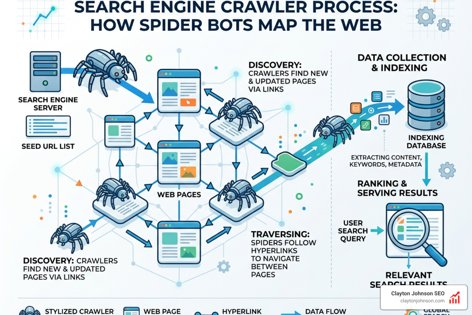 Search engine crawlers scanning a network of web pages - seo tutorial for beginner