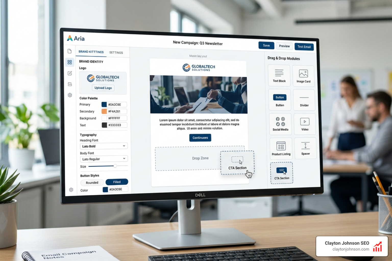 modern email design interface showing drag and drop modules and brand kit settings - email design platform