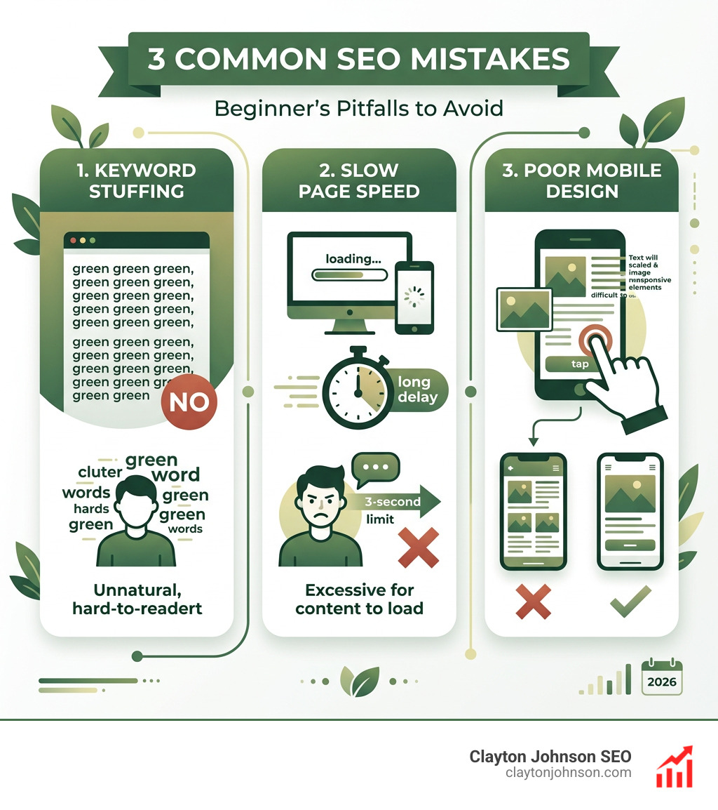 Infographic showing common SEO mistakes: keyword stuffing, slow page speed, and poor mobile design - seo tutorial for