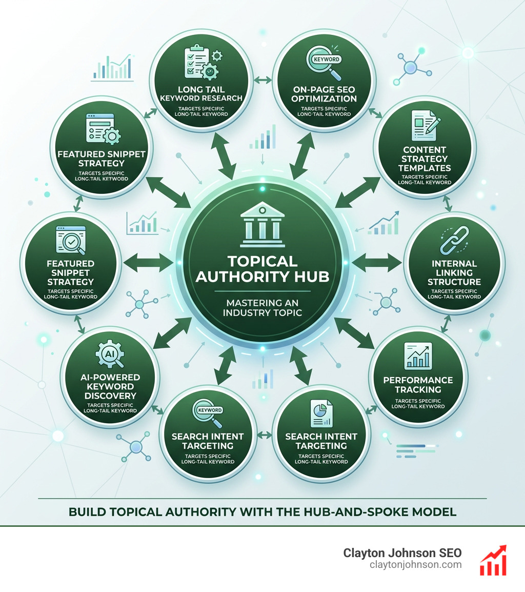 Topic cluster diagram showing a central hub page connected to multiple spoke pages - long tail keyword checklist infographic Topic cluster diagram showing a central hub page connected to multiple spoke pages - long tail keyword checklist infographic
