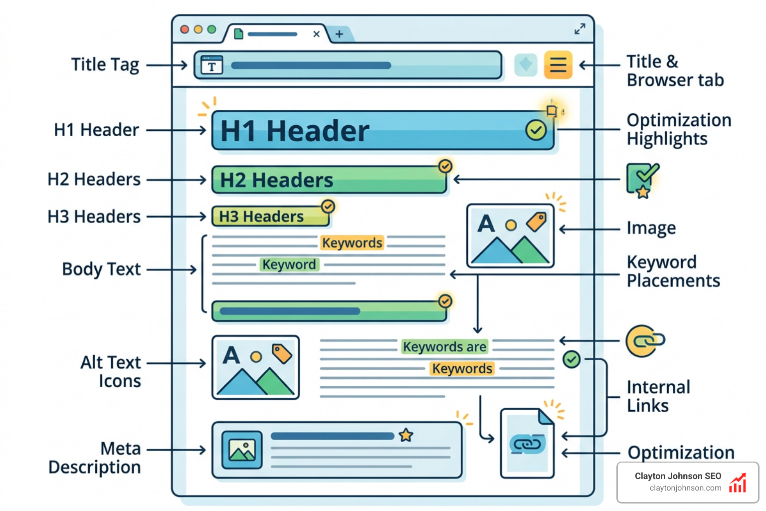 Diagram of on-page SEO elements including title, headers, and body text - long tail keyword checklist Diagram of on-page SEO elements including title, headers, and body text - long tail keyword checklist