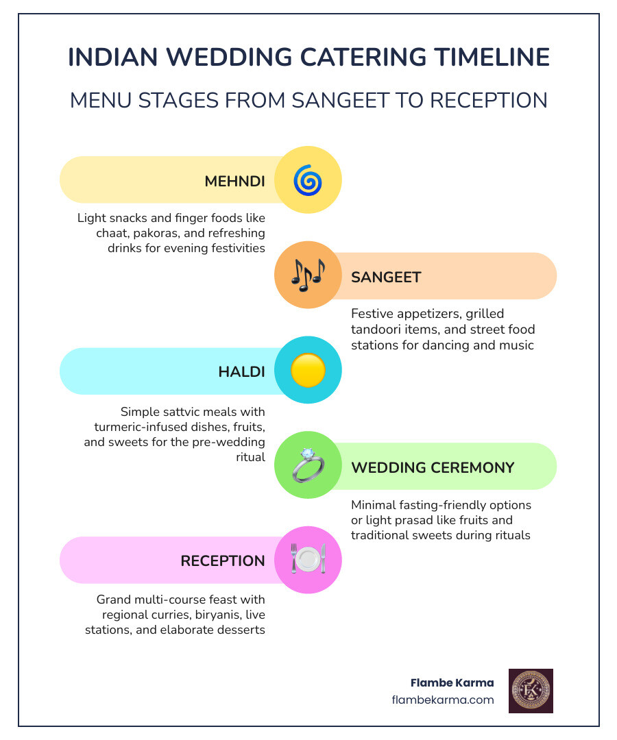 Indian wedding catering timeline from Sangeet to Reception with menu stages - indian wedding catering infographic
