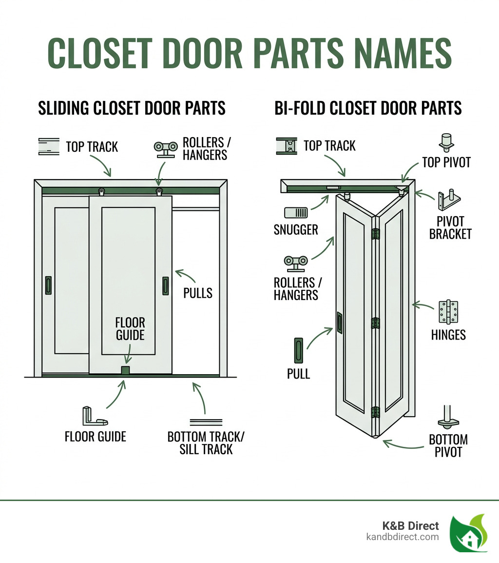 infographic showing closet door parts names including tracks, rollers, pivots, guides, and pulls with labeled diagram