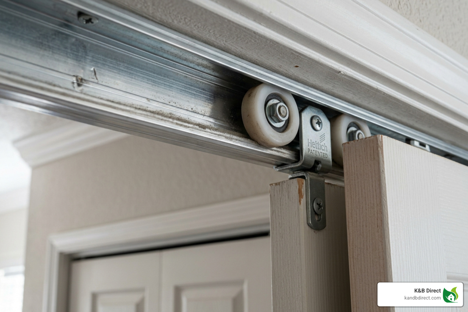 sliding door track and roller assembly showing the interaction between the metal track and the nylon wheels - closet door