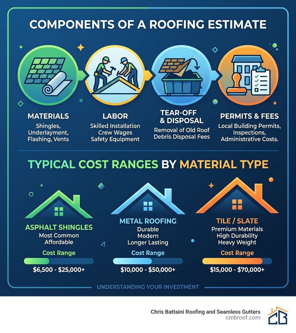 Infographic showing components of a roofing estimate: materials, labor, tear-off, permits, and typical cost ranges by
