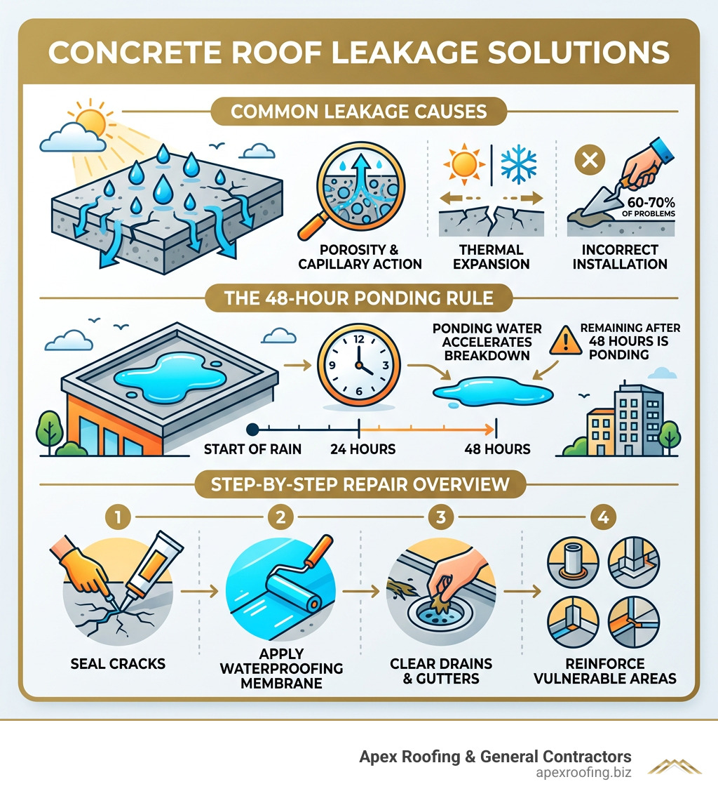 Infographic showing concrete roof leakage causes, 48-hour ponding rule, and step-by-step repair overview - concrete roof Infographic showing concrete roof leakage causes, 48-hour ponding rule, and step-by-step repair overview - concrete roof