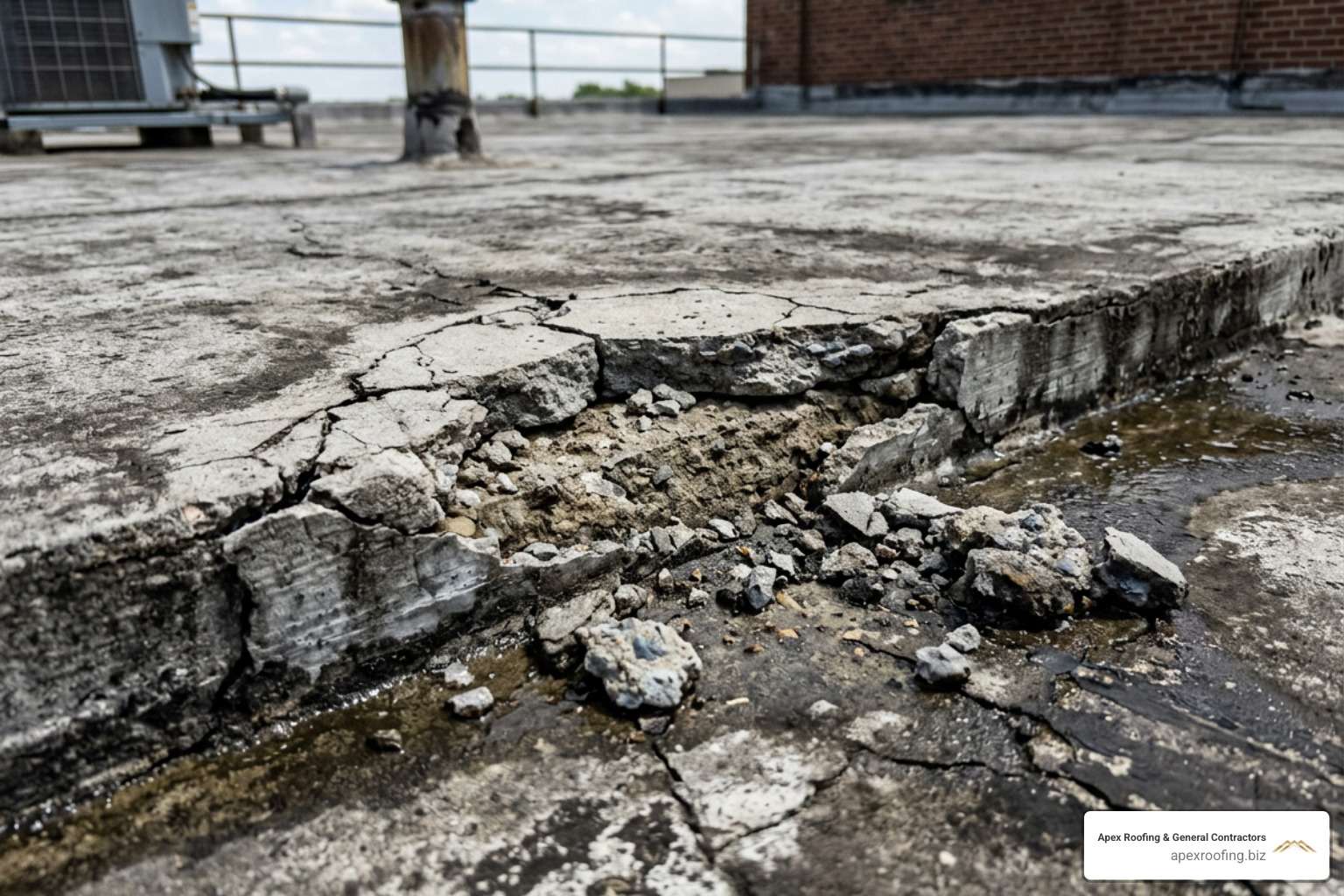 Close up of a cracked concrete roof surface with visible spalling and moisture stains - concrete roof leakage solution Close up of a cracked concrete roof surface with visible spalling and moisture stains - concrete roof leakage solution