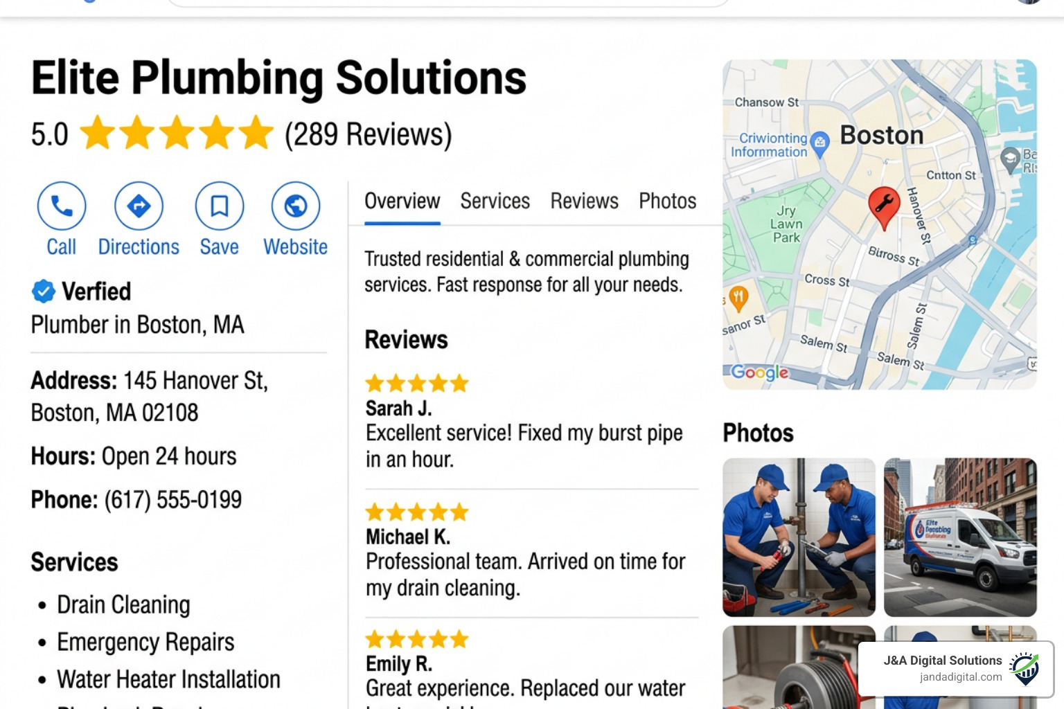 5-star Google Business Profile showing high ratings and detailed service info - seo tips plumbing business