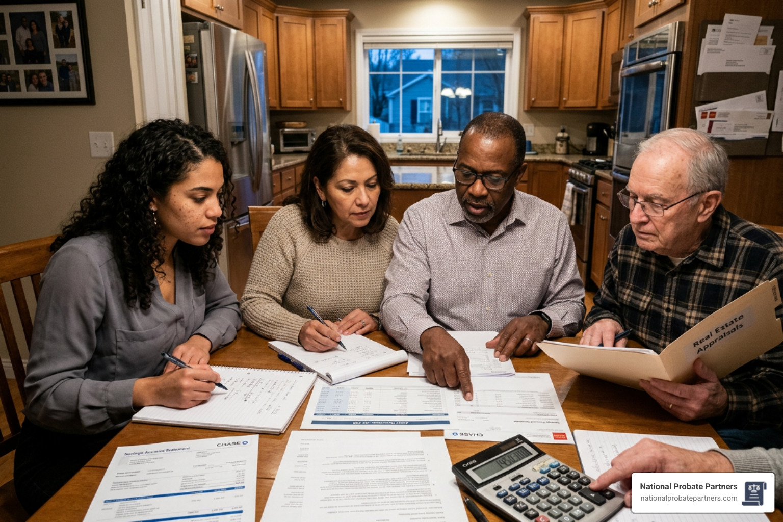 Family reviewing financial records to determine estate value - printable small estate affidavit