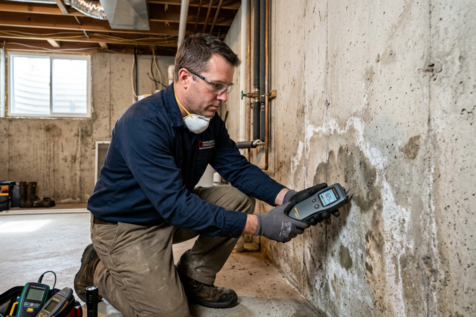 Technician using a professional moisture meter to detect hidden water leaks behind a basement wall - foundation water leak