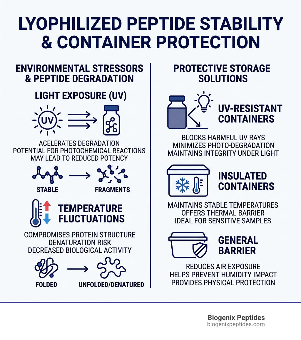 Infographic showing how light and temperature affect lyophilized peptide stability and which containers offer the best Infographic showing how light and temperature affect lyophilized peptide stability and which containers offer the best