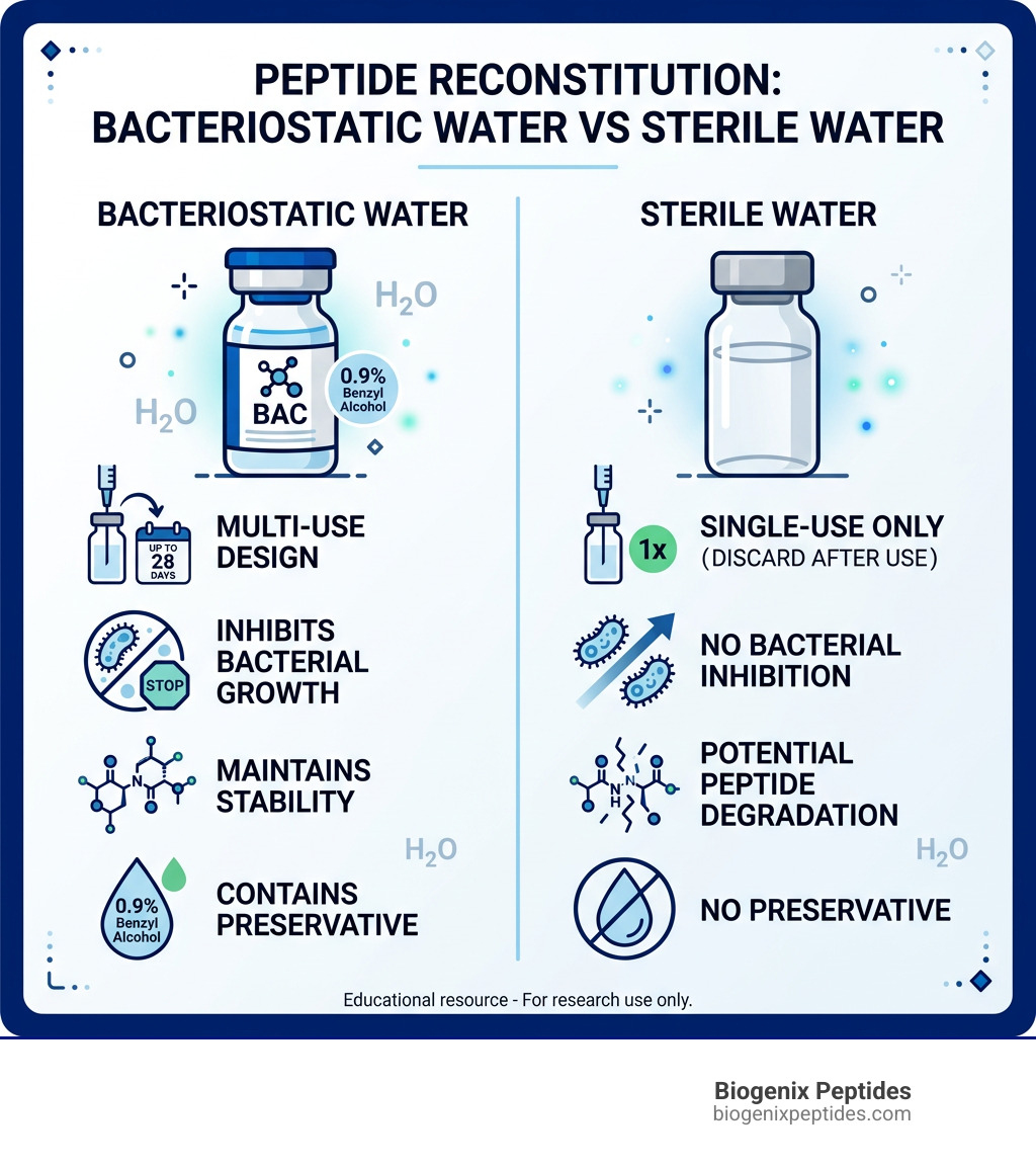 Infographic comparing bacteriostatic water vs sterile water for peptide reconstitution research - bacteriostatic water for