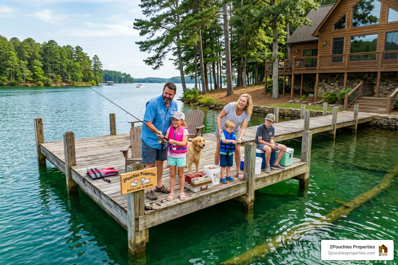 Family fishing from a private dock at an Alabama lakefront home with 2Poochies Properties logo - alabama lakefront homes Family fishing from a private dock at an Alabama lakefront home with 2Poochies Properties logo - alabama lakefront homes
