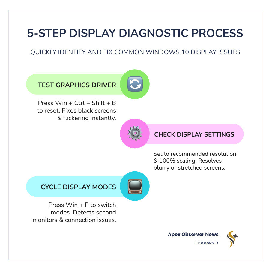 5-step display diagnostic process for Windows 10 common issues and solutions - display issues windows 10 infographic 5-step display diagnostic process for Windows 10 common issues and solutions - display issues windows 10 infographic