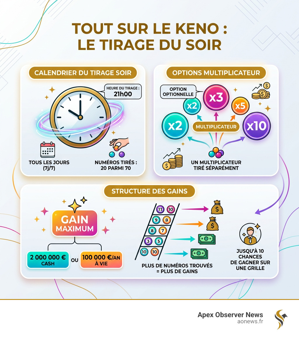 Infographic showing Keno soir draw schedule, multiplicateur options, and prize structure - keno tirage soir résultats Infographic showing Keno soir draw schedule, multiplicateur options, and prize structure - keno tirage soir résultats