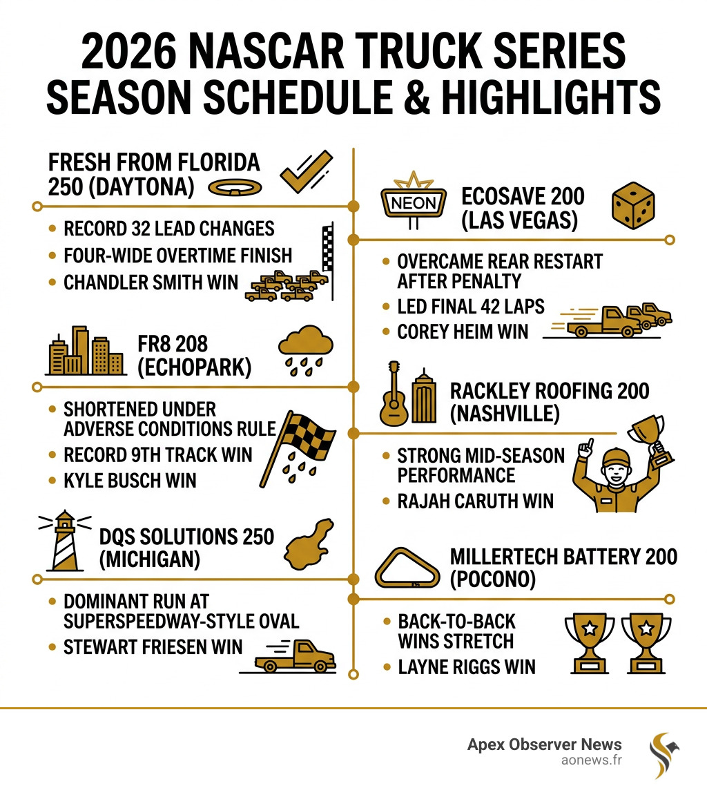 2026 NASCAR Truck Series season schedule and key race highlights infographic - NASCAR Truck Series highlights infographic 2026 NASCAR Truck Series season schedule and key race highlights infographic - NASCAR Truck Series highlights infographic