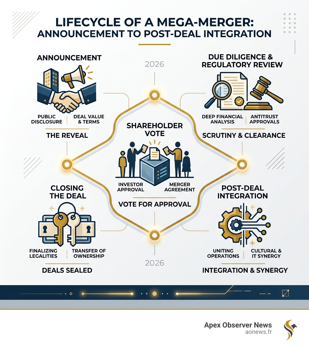 Lifecycle of a mega-merger from announcement to post-deal integration - business merger acquisition deals infographic 