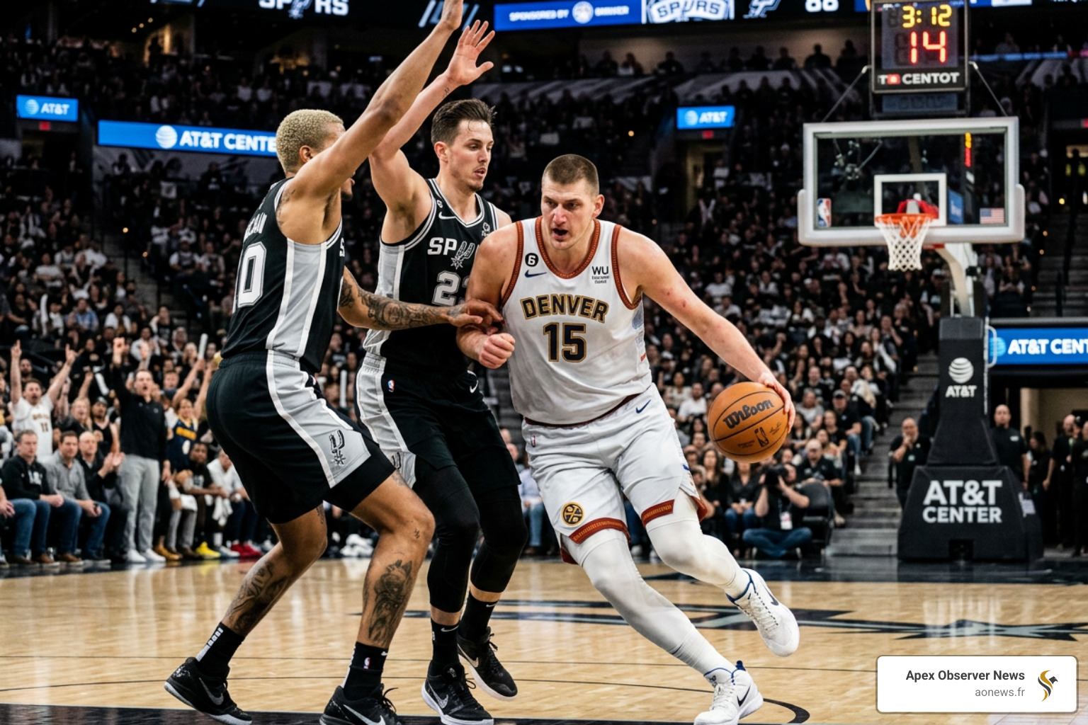 Nikola Jokić battles against the San Antonio Spurs defense - nba news nuggets