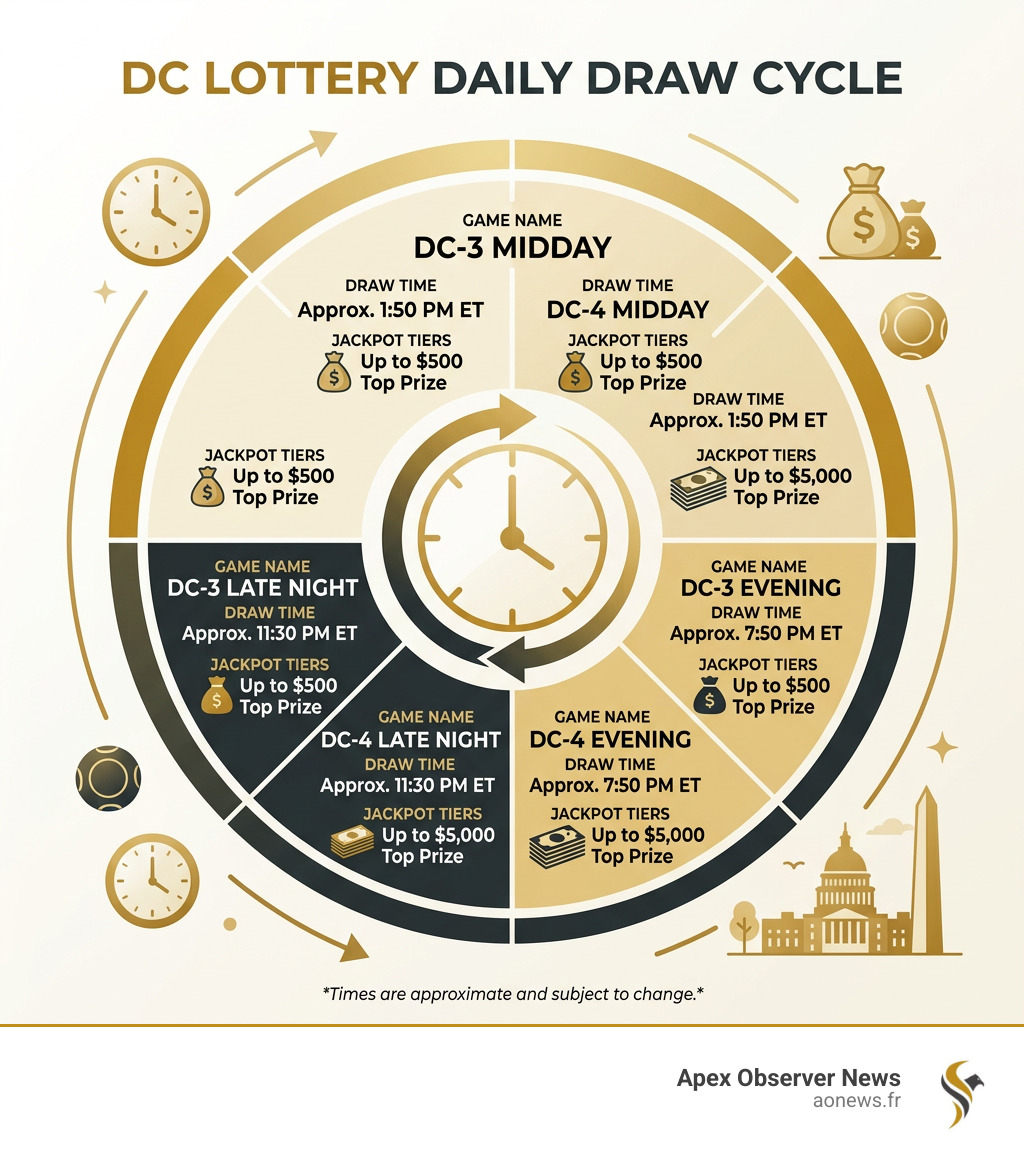 DC Lottery daily draw cycle infographic showing game names, draw times, and jackpot tiers - dc lottery post infographic DC Lottery daily draw cycle infographic showing game names, draw times, and jackpot tiers - dc lottery post infographic
