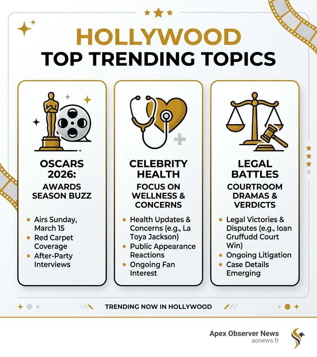 Infographic of top trending entertainment news hollywood topics including Oscars 2026, celebrity health, legal battles