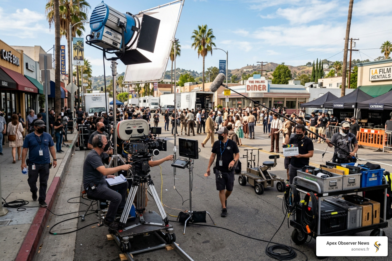 film set in Los Angeles showing cameras and lighting equipment - entertainment news hollywood