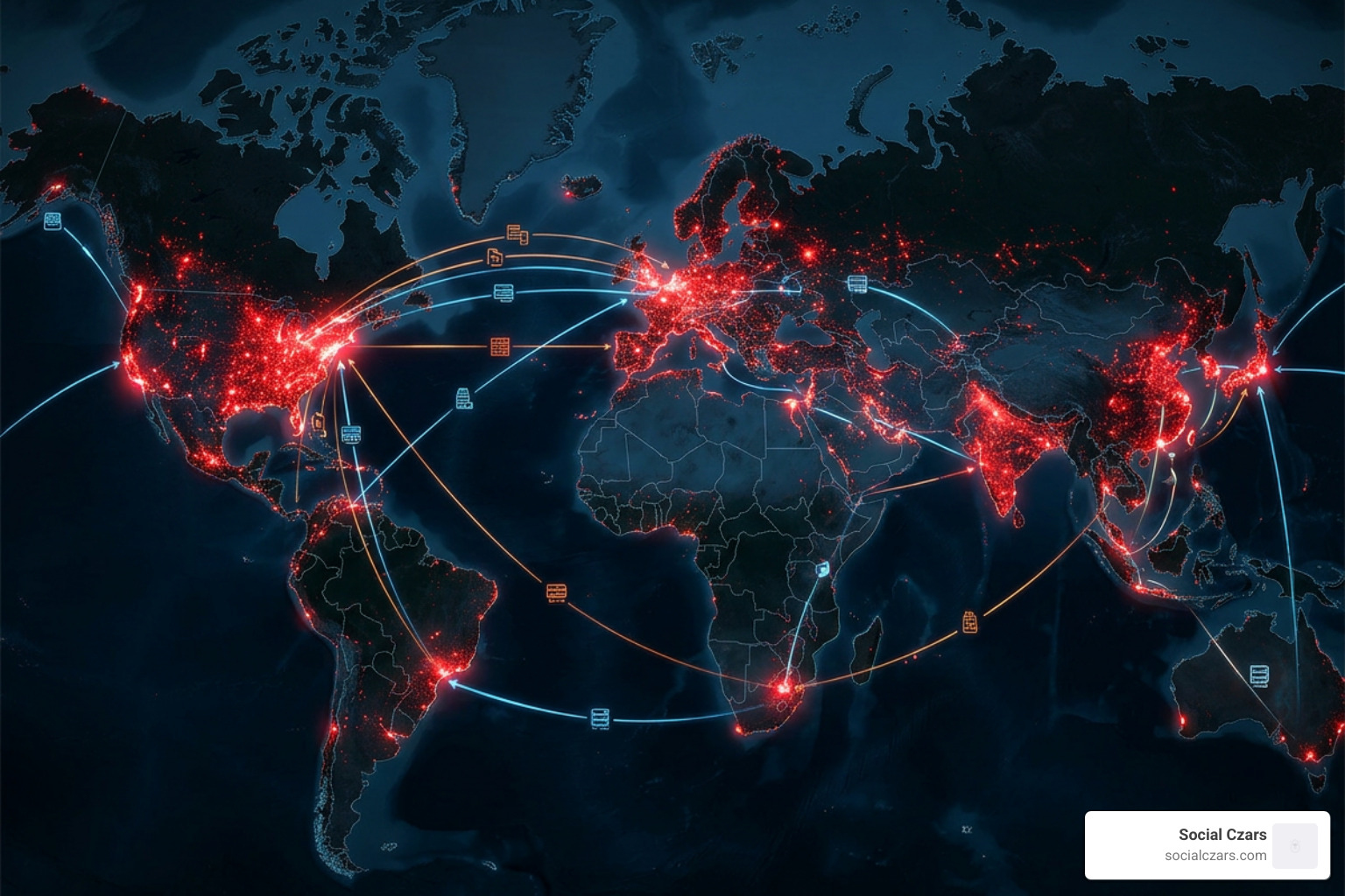 Global map showing cyber threat hotspots and digital attack vectors - VIP digital protection