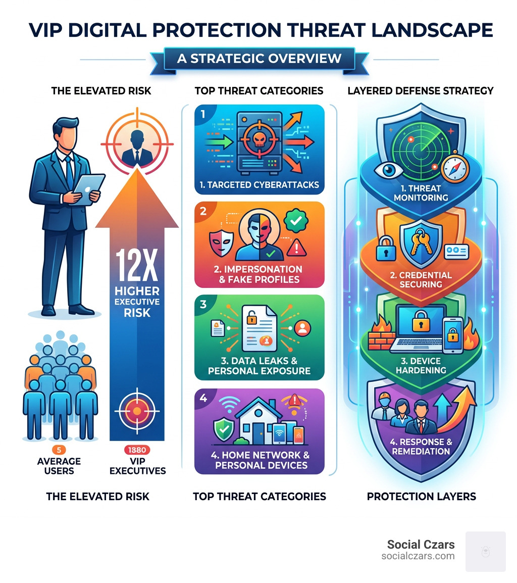 VIP threat landscape infographic showing 12x higher executive risk, top threat categories, and protection layers - VIP