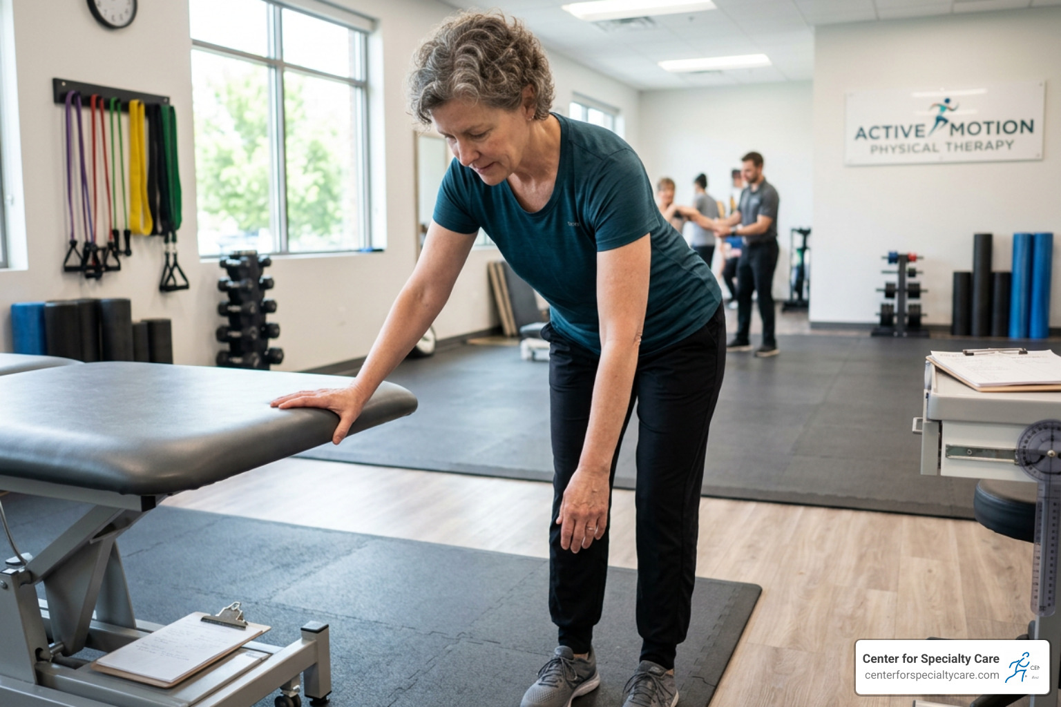 A patient leaning over a table performing gentle pendulum exercises for shoulder mobility - physical therapy for torn