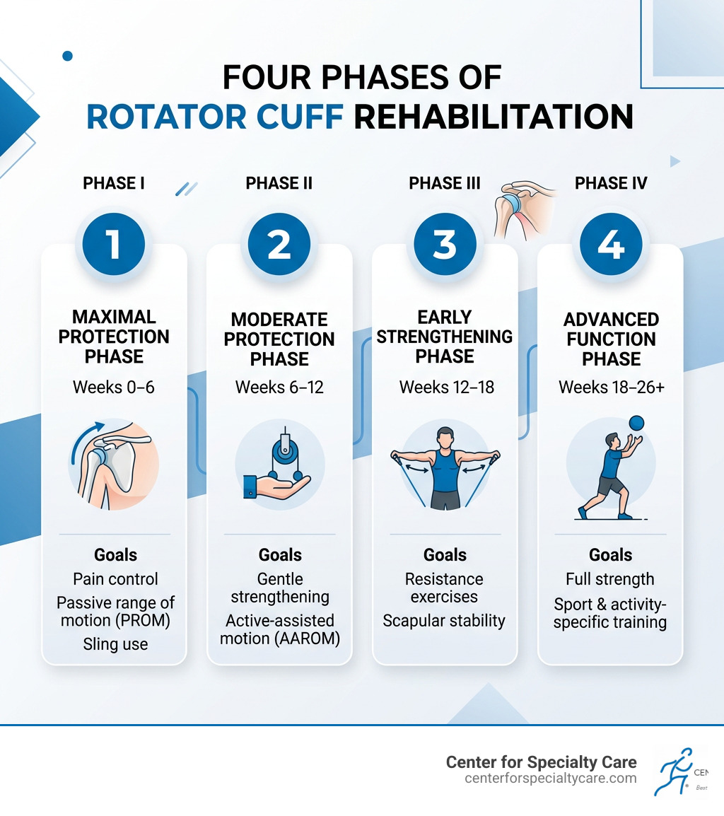 Infographic showing the four phases of rotator cuff rehabilitation with timelines and key goals per phase - physical therapy