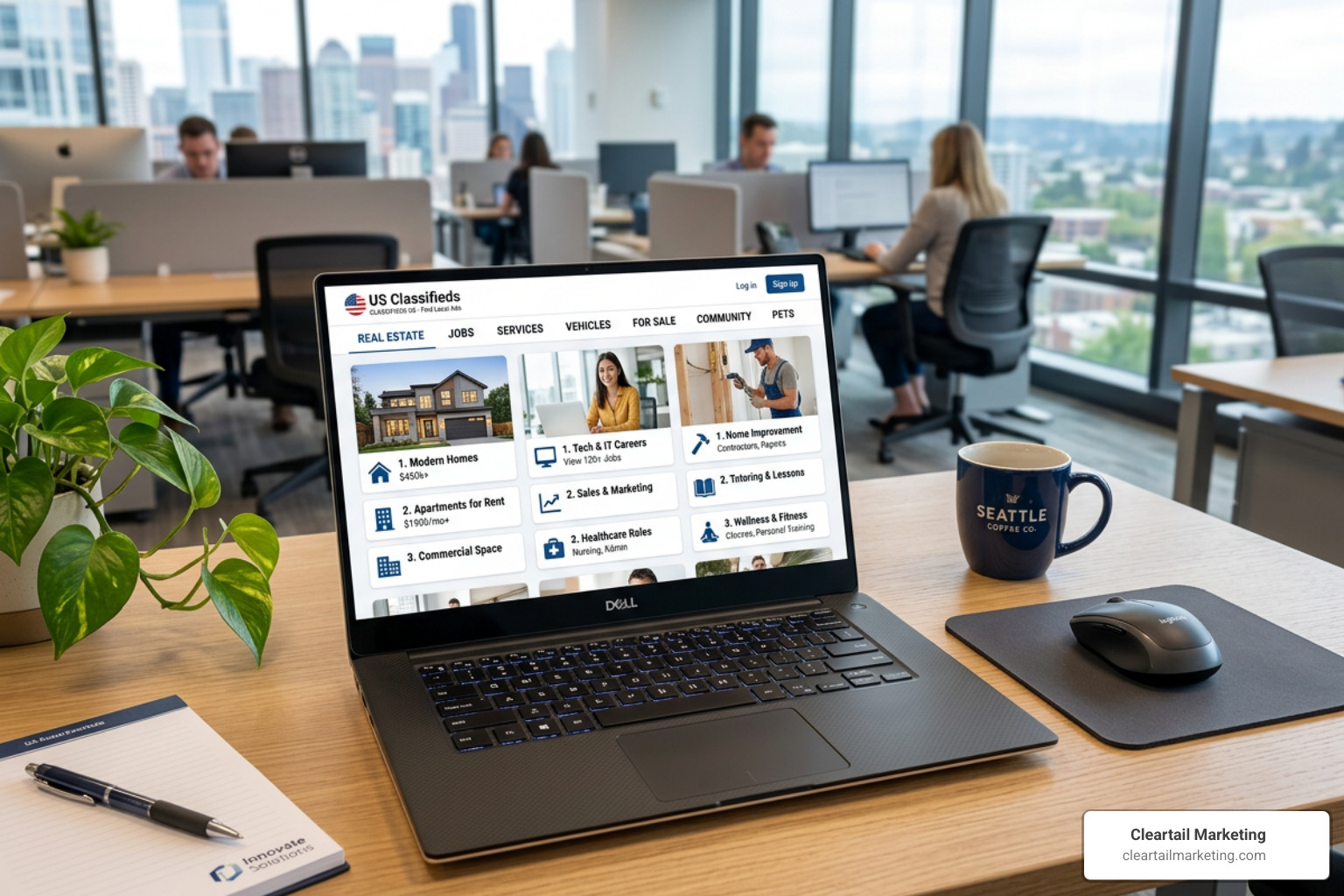 Laptop displaying various online classified ad categories like real estate, jobs, and services - Digital marketing