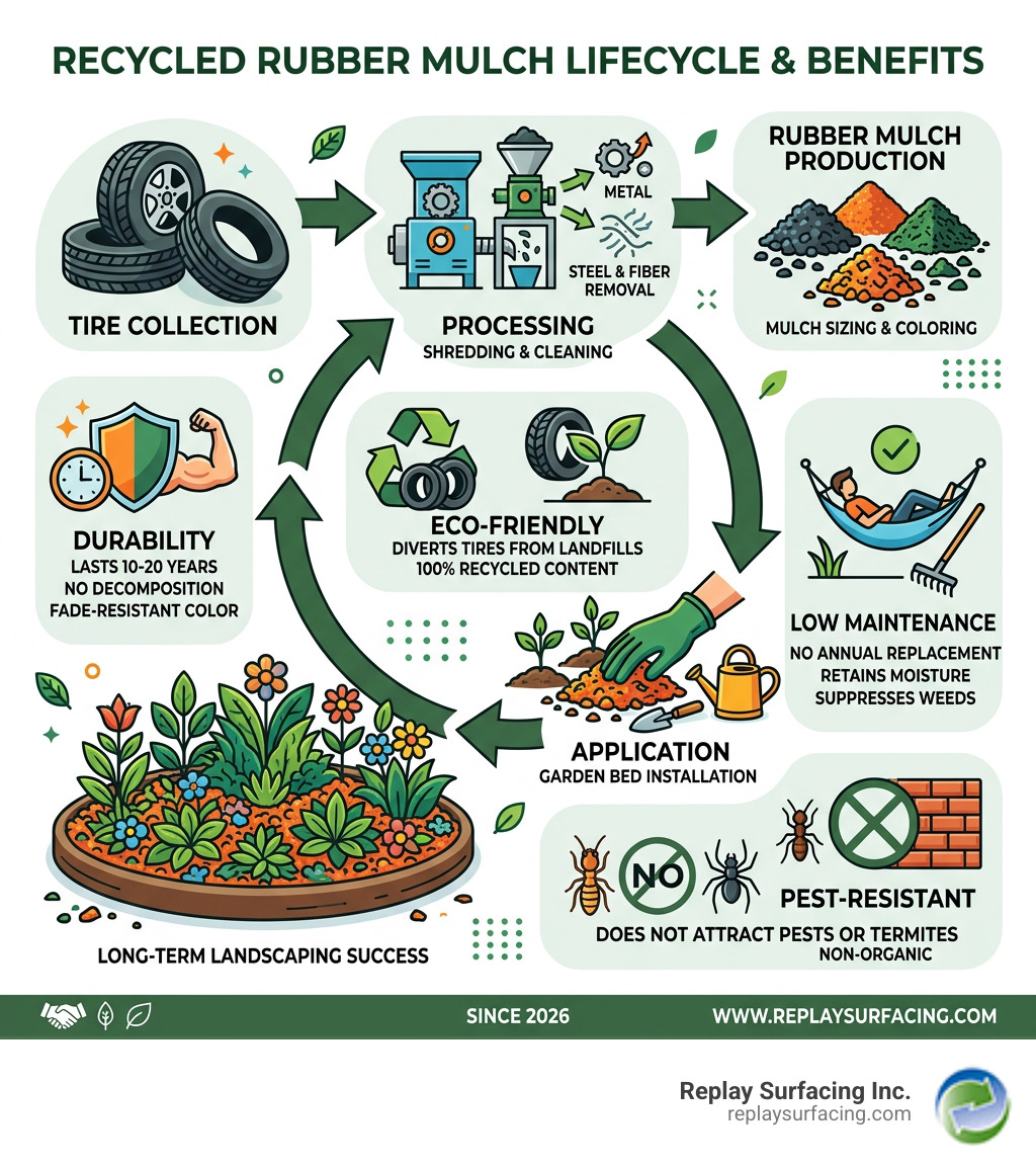 Infographic showing lifecycle of recycled rubber mulch from tires to garden bed with benefits - best rubber mulch for