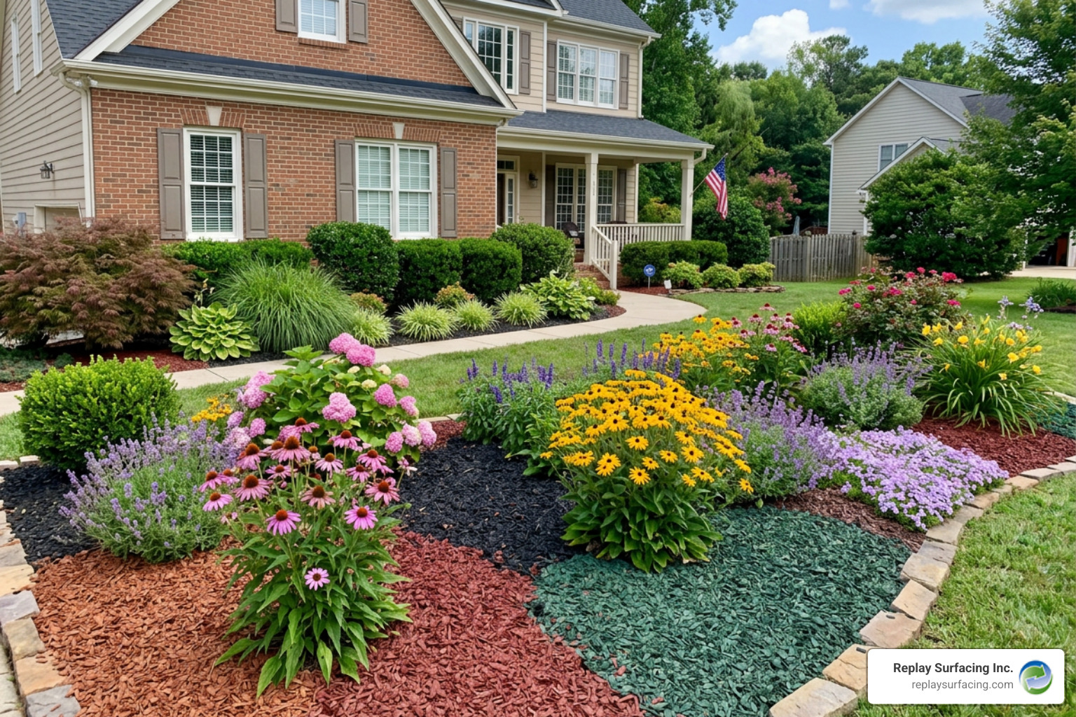 various colors of rubber mulch in a flower bed - best rubber mulch for landscaping