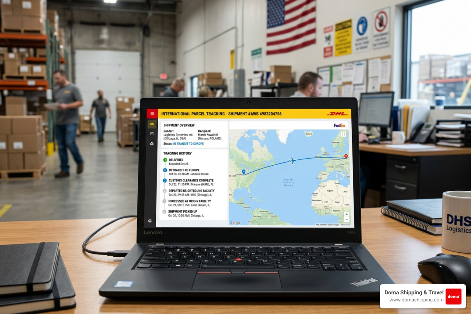 Digital tracking interface showing real-time updates for an international shipment from the USA - track worldwide parcel