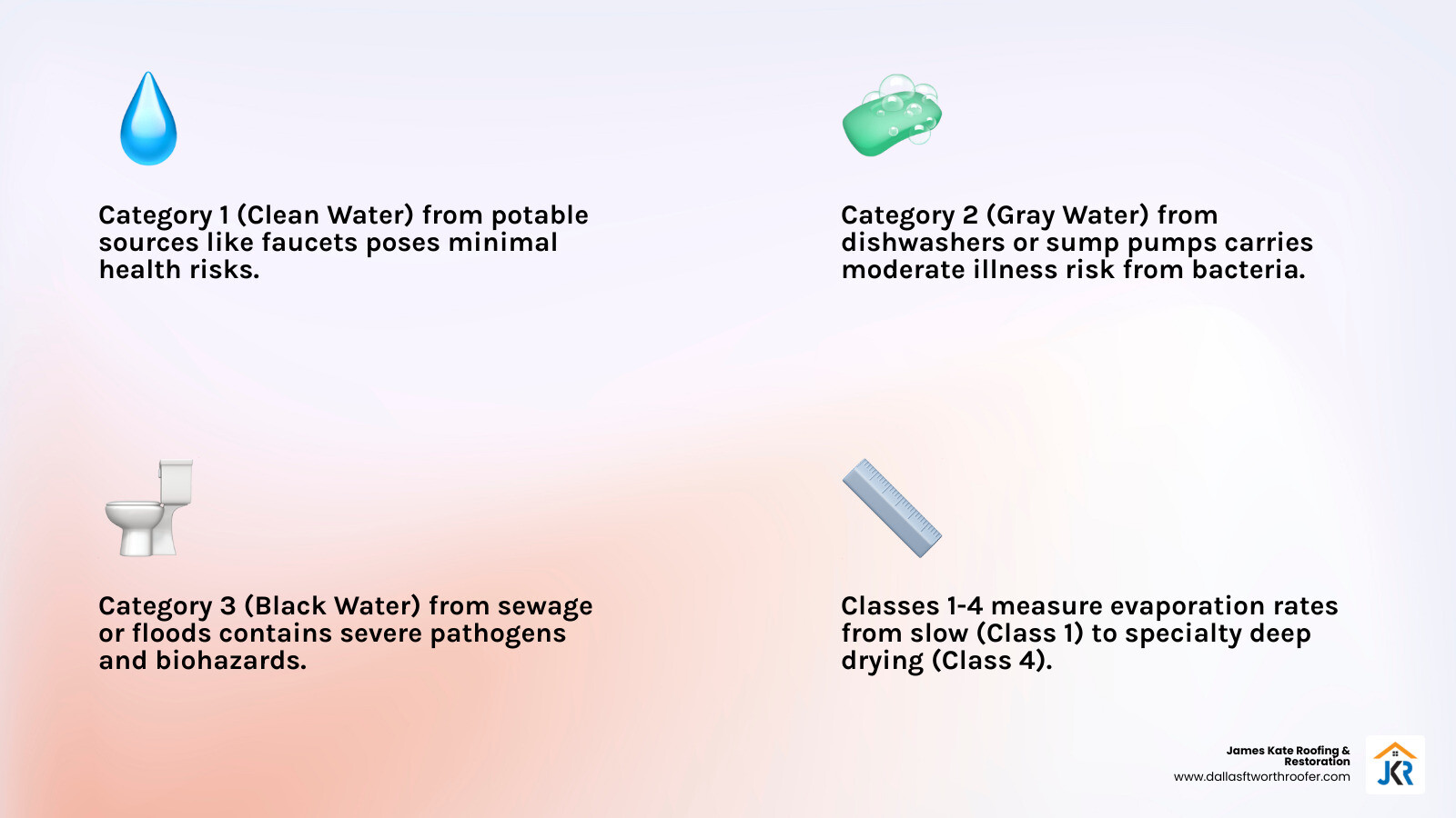 Infographic showing three categories of water loss and four classes with contamination levels and evaporation rates Infographic showing three categories of water loss and four classes with contamination levels and evaporation rates