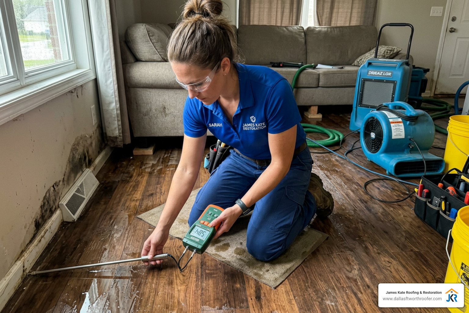 Technician in a royal blue James Kate shirt testing water contamination levels with a moisture probe - category of water loss Technician in a royal blue James Kate shirt testing water contamination levels with a moisture probe - category of water loss