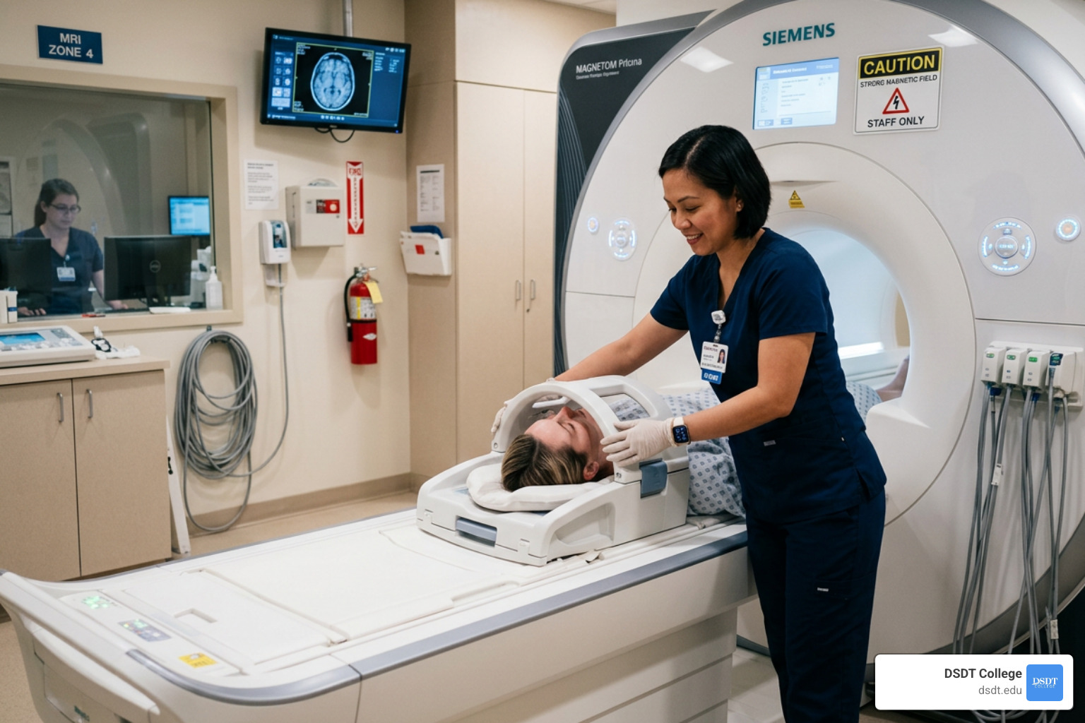 MRI technologist positioning a patient for a brain scan - associate's degree in mri technology MRI technologist positioning a patient for a brain scan - associate's degree in mri technology