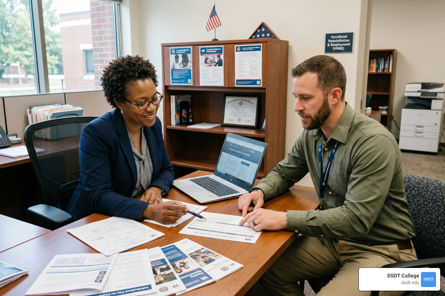 Vocational Rehabilitation Counselor meeting with a veteran to discuss job training and employment accommodations - veteran Vocational Rehabilitation Counselor meeting with a veteran to discuss job training and employment accommodations - veteran