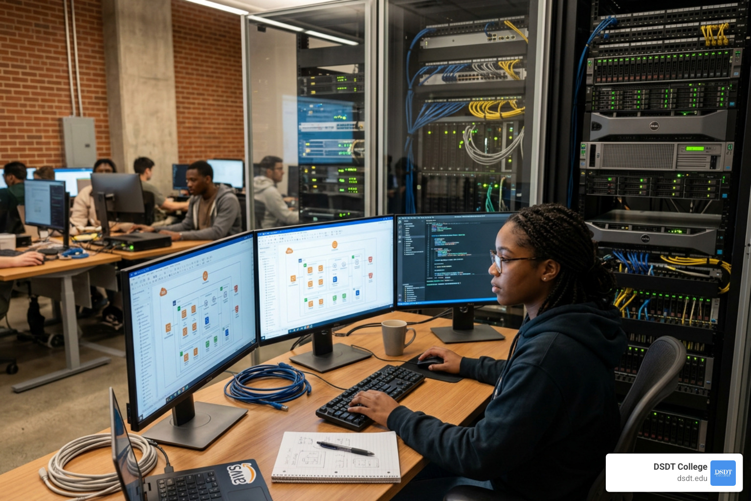 Student in a modern IT lab working on cloud architecture - acsp cloud certification programs army