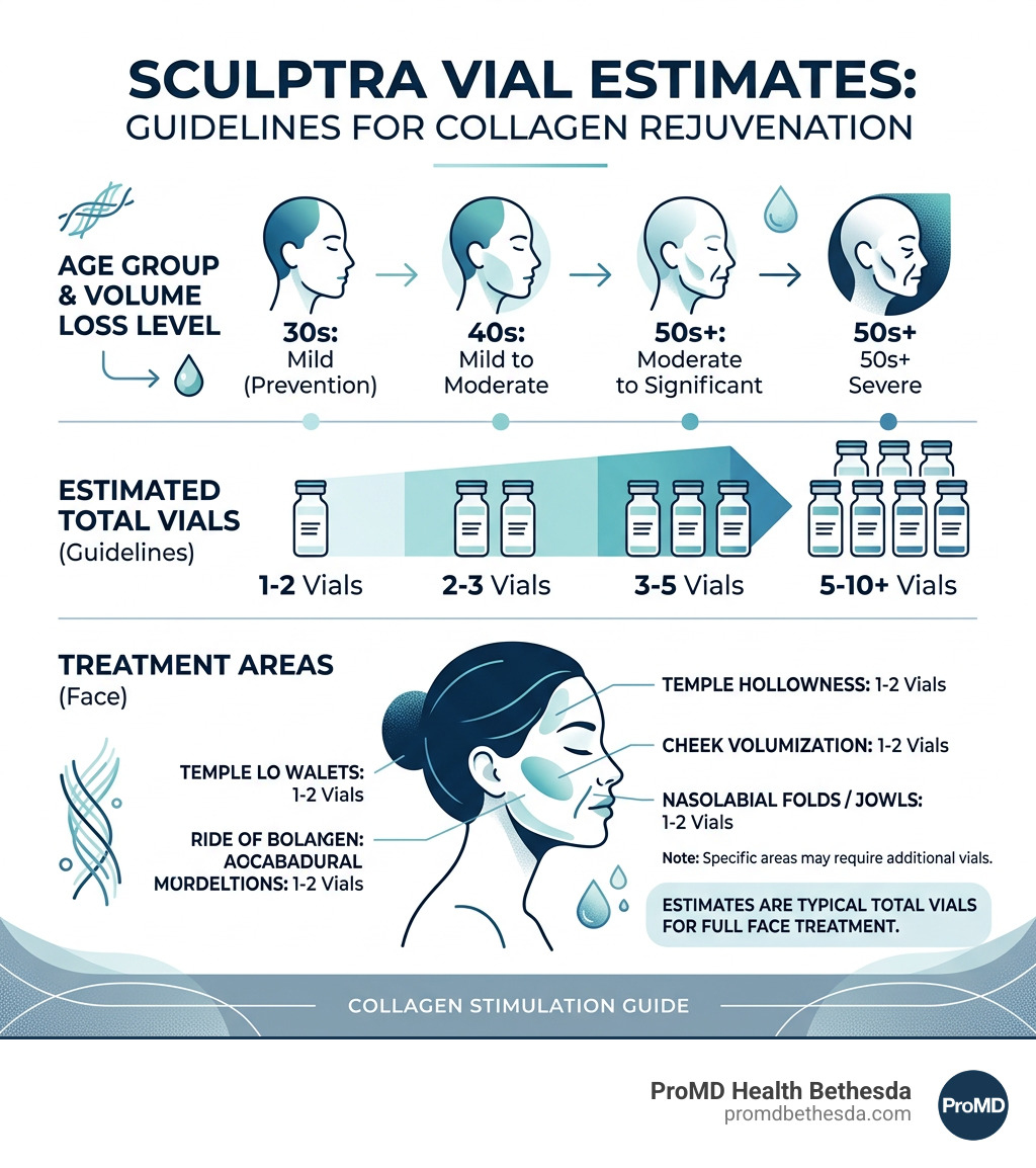 Infographic showing Sculptra vial estimates by age group, volume loss level, and treatment area - how many vials of sculptra