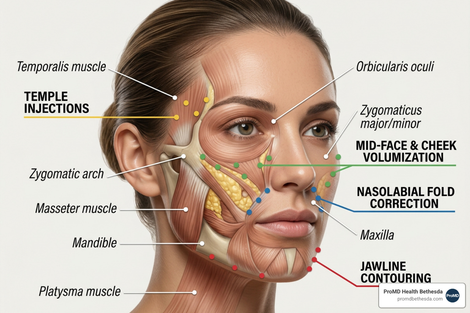 facial anatomy highlighting common Sculptra injection sites - how many vials of sculptra do you need