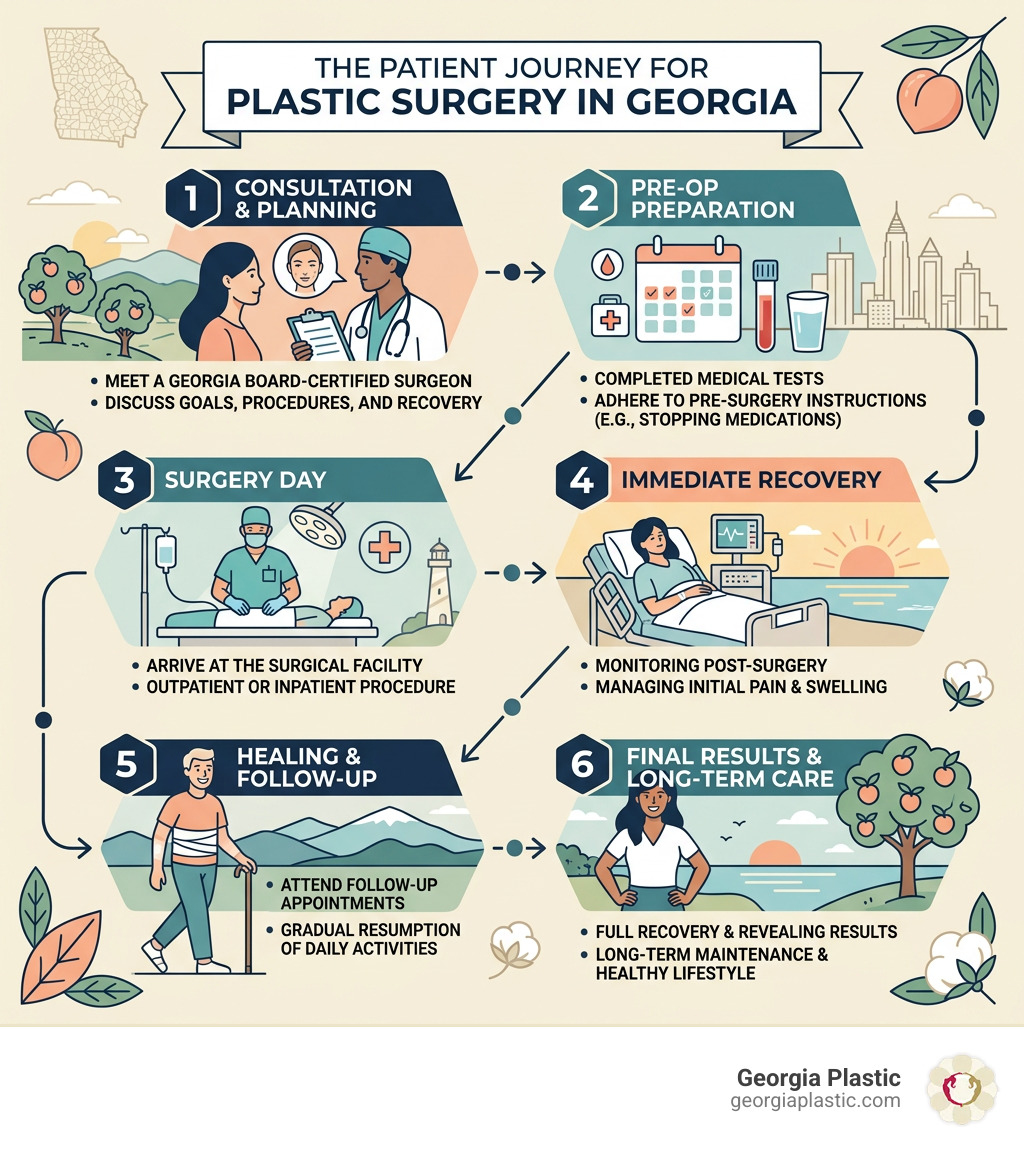 Patient journey infographic for plastic surgery in Georgia from consultation to recovery - plastic surgery in georgia